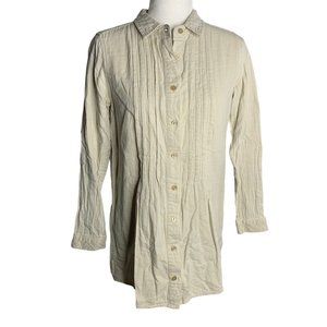 Button Up Pin Tuck Pleated Tunic Shirt S Beige Long Sleeves Collared Lined